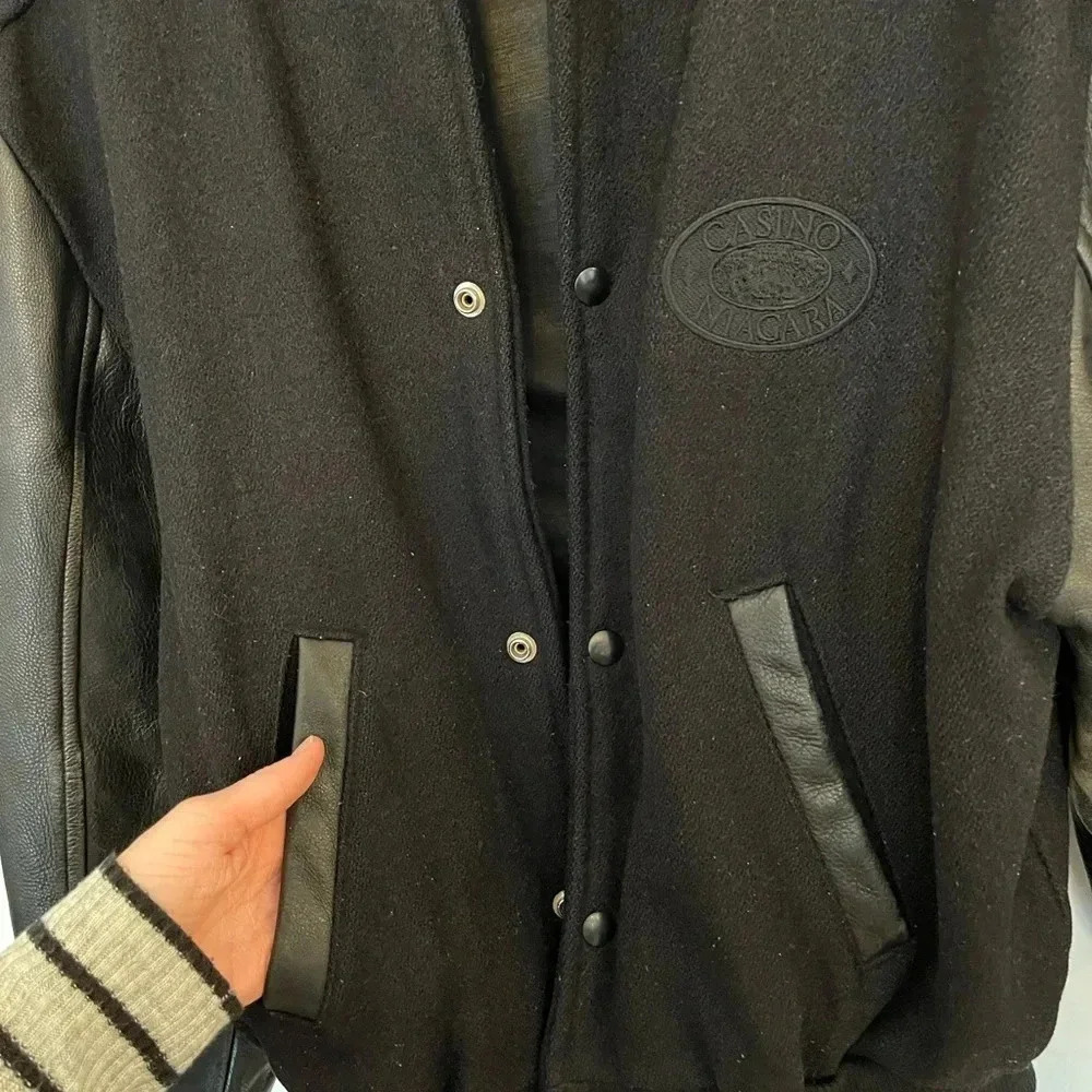 Vintage 90s Black Varsity Letterman Jacket Faux Leather Sleeves M - Picture 4 of 16